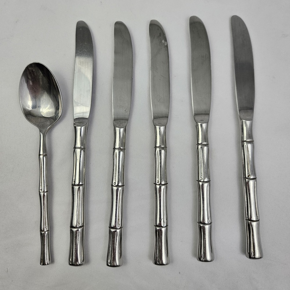 Bamboo Flatware 6 Piece KOREA Stainless Knives & Soup Spoon MCM Vintage